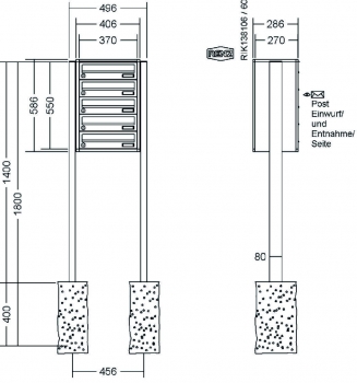 RENZ Briefkastenanlage freistehend, Quadra, Kastenformat 370x110x270mm, 5-teilig, zum Einbetonieren